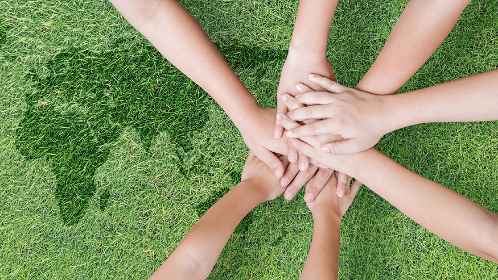 A pile of hands laying on a lawn with an embedded shape of a world map.